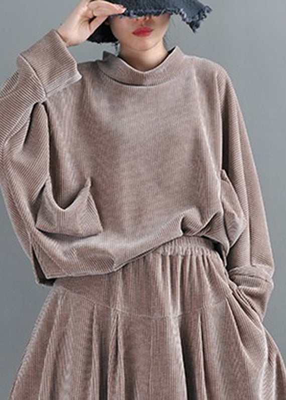 Plus Size Grey Camel Turtleneck Pockets Velour Top Long Sleeve