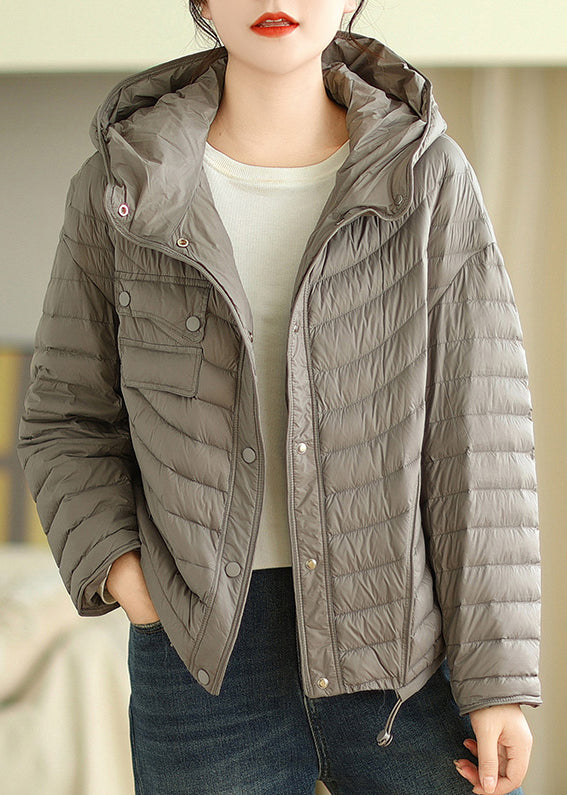 Plus Size Grey Hooded Drawstring Fine Cotton Filled Jacket Winter