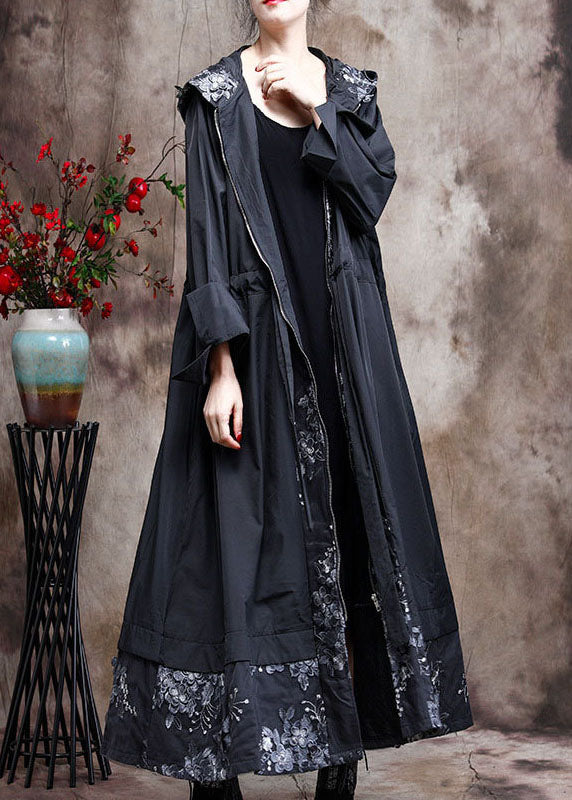 Plus Size Black Hooded Patchwork Spring trench coats
