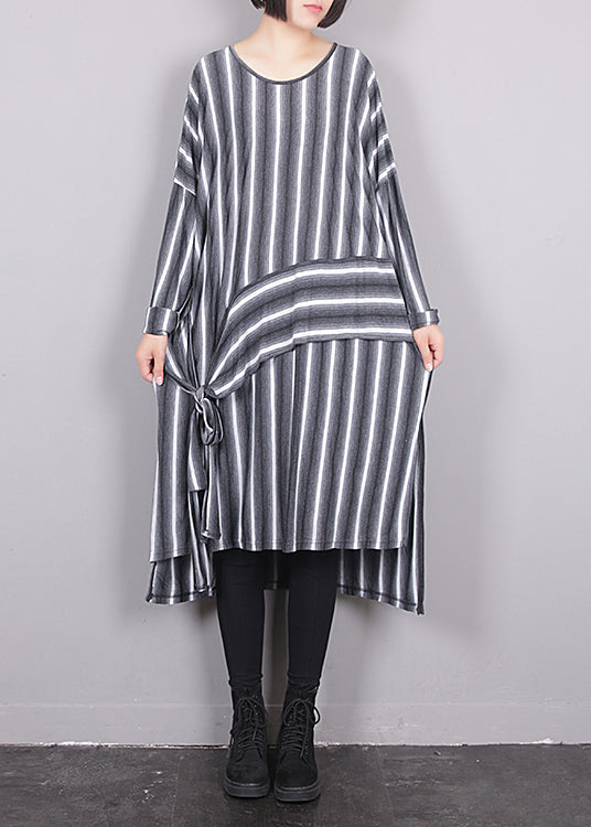 Plus Size Grey O-Neck Asymmetrical Striped Side Open Tie Waist Maxi Dress Fall