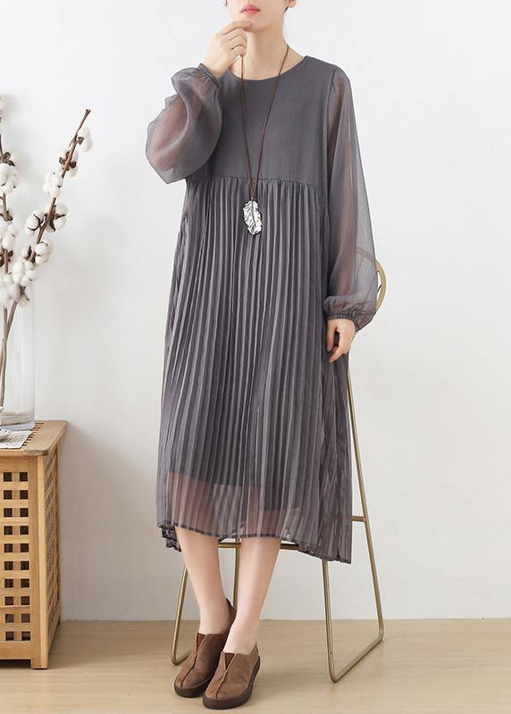 Plus Size Grey Patchwork Chiffon O-Neck Spring Summer Robe Dresses - Omychic