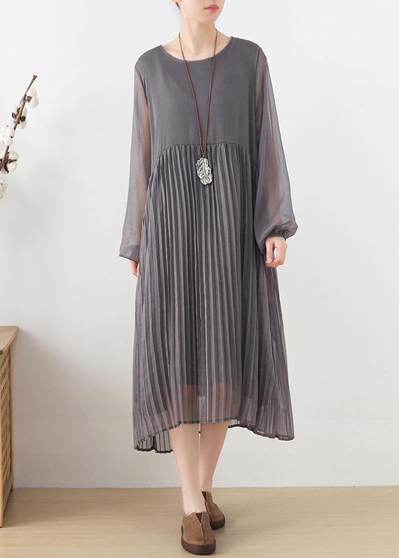Plus Size Grey Patchwork Chiffon O-Neck Spring Summer Robe Dresses - Omychic
