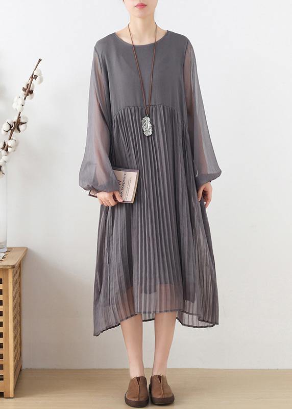 Plus Size Grey Patchwork Chiffon O-Neck Spring Summer Robe Dresses - Omychic