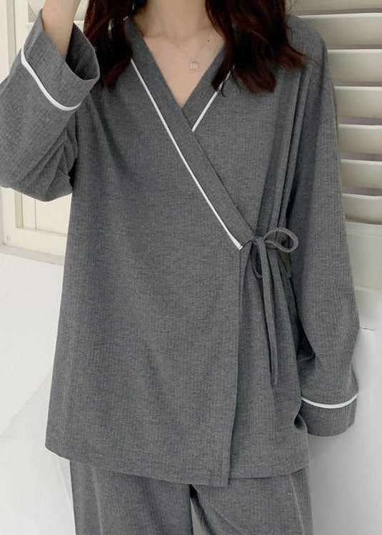 Plus Size Grey Patchwork Lace Up Cotton Pajamas Two Pieces Set Summer