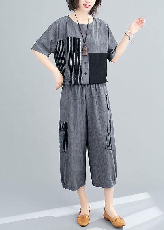 Plus Size Grey Patchwork Print Two Piece Set Women Clothing Summer Linen - Omychic