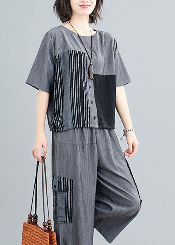 Plus Size Grey Patchwork Print Two Piece Set Women Clothing Summer Linen - Omychic