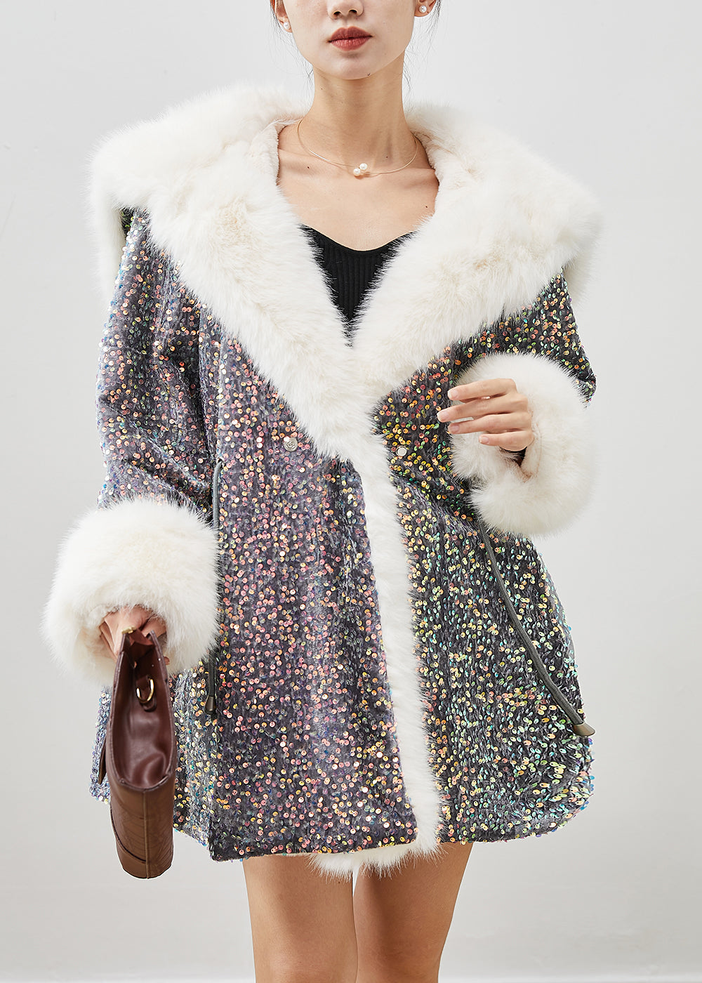 Plus Size Grey Sequins Warm Faux Fur Velour Hoodie Coat Winter