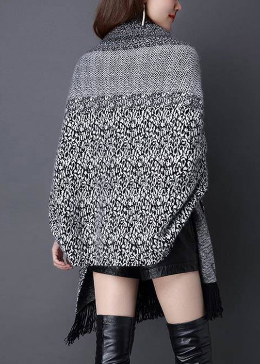 Plus Size Grey V Neck Tasseled Patchwork Knit Cardigans Fall