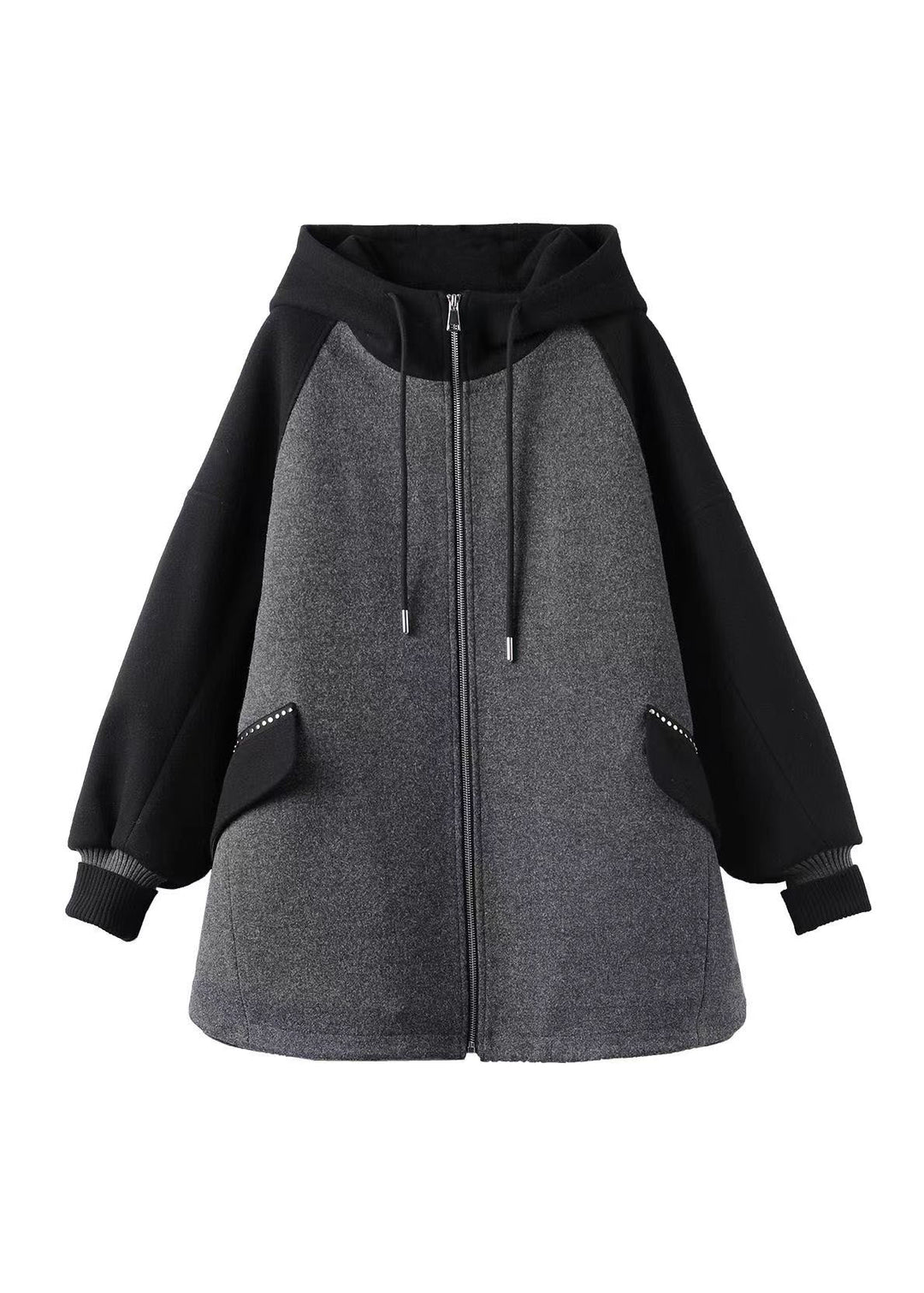 Plus Size Grey Zip Up Pockets Patchwork Fine Cotton Filled Hooded Coat Fall