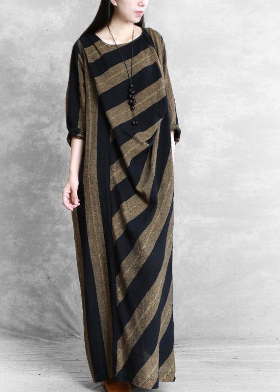 Plus Size Khaki Asymmetrical Design Striped Fall Maxi Dresses Long Sleeve - Omychic