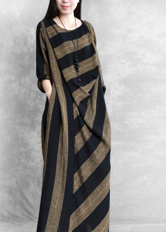 Plus Size Khaki Asymmetrical Design Striped Fall Maxi Dresses Long Sleeve - Omychic