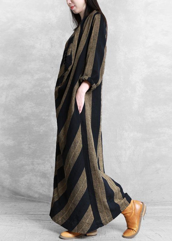 Plus Size Khaki Asymmetrical Design Striped Fall Maxi Dresses Long Sleeve - Omychic