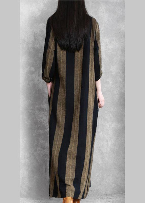 Plus Size Khaki Asymmetrical Design Striped Fall Maxi Dresses Long Sleeve - Omychic