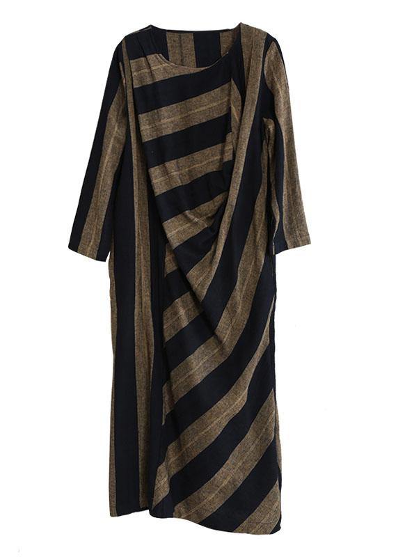 Plus Size Khaki Asymmetrical Design Striped Fall Maxi Dresses Long Sleeve - Omychic