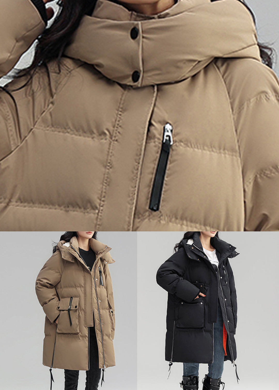 Plus Size Khaki Hooded Button Patchwork Duck Down Coat Winter