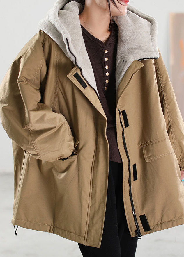 Plus Size Khaki Hooded Patchwork Faux Fur Coat Winter