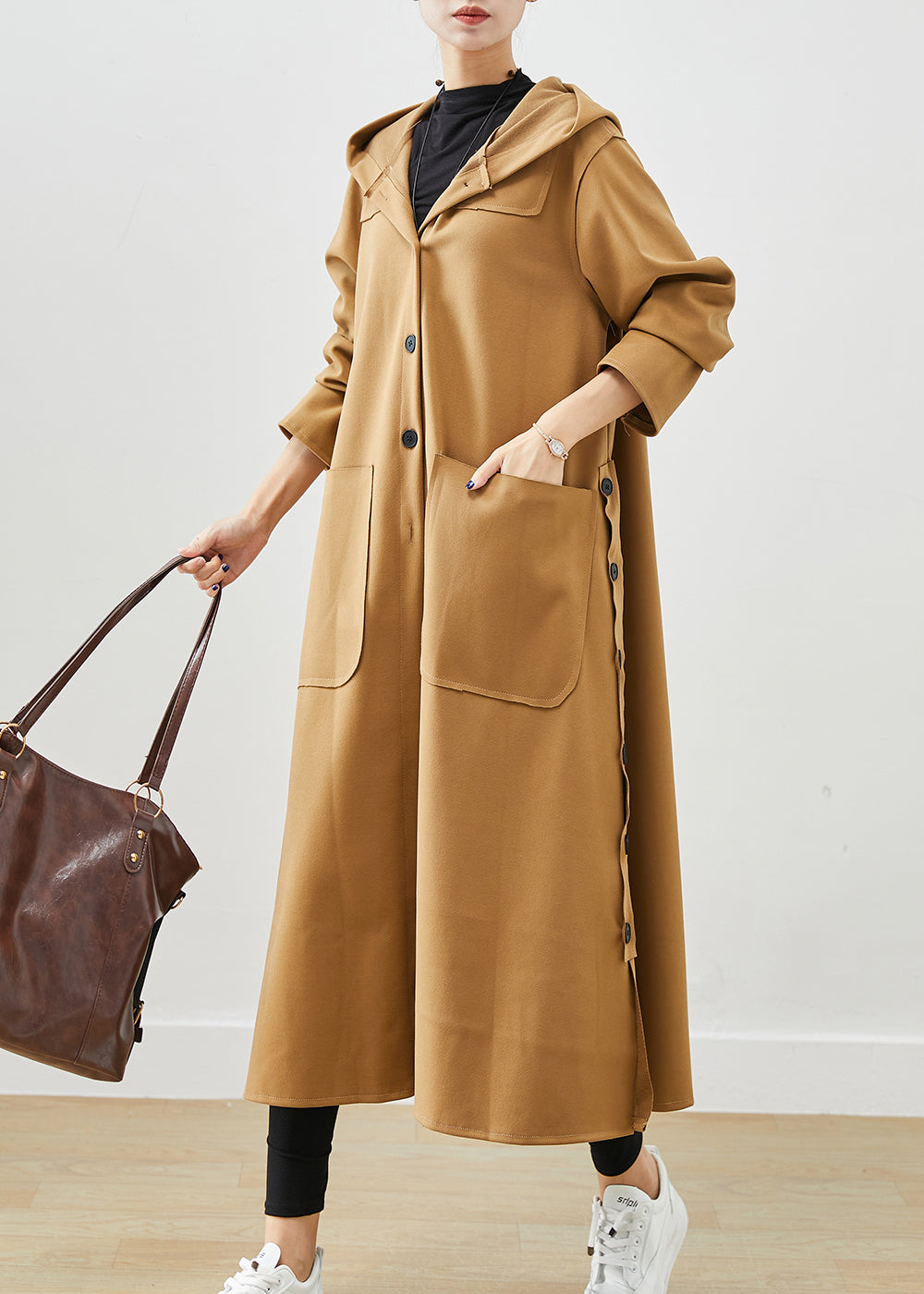 Plus Size Khaki Hooded Pockets Cotton Trench Fall