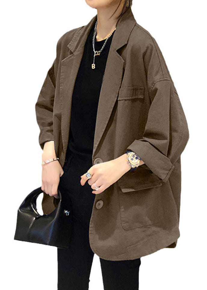 Plus Size Khaki Notched Pockets Patchwork Cotton Coats Fall