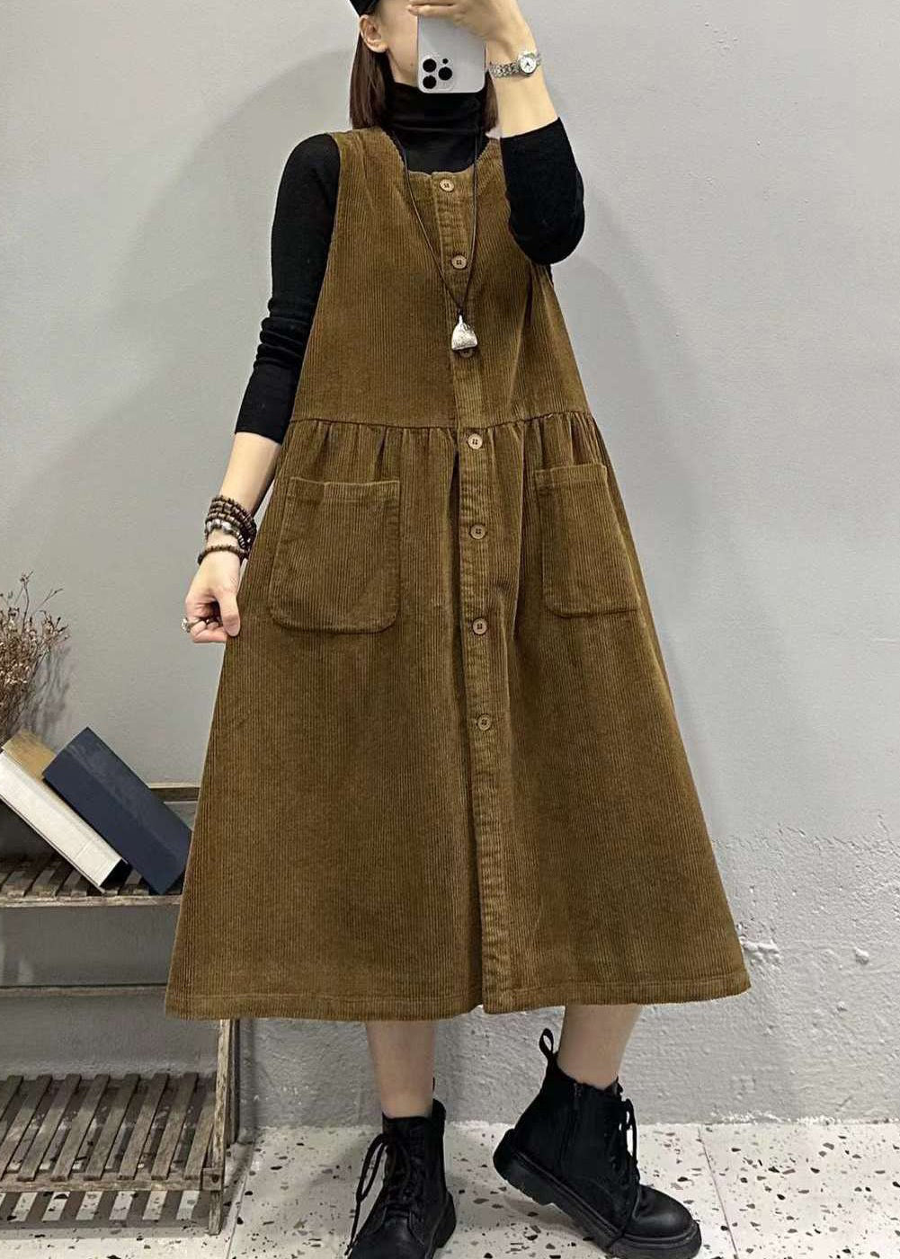 Plus Size Khaki O Neck Button Pockets Corduroy Long Dresses Sleeveless