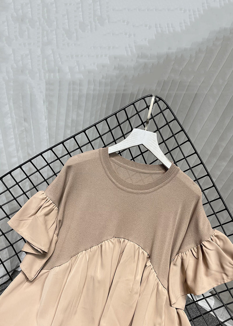 Plus Size Khaki O Neck Knit Patchwork Chiffon T Shirt Summer