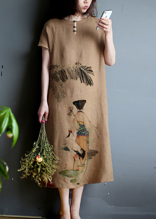 Plus Size Khaki O-Neck Print Linen Long Dresses Summer