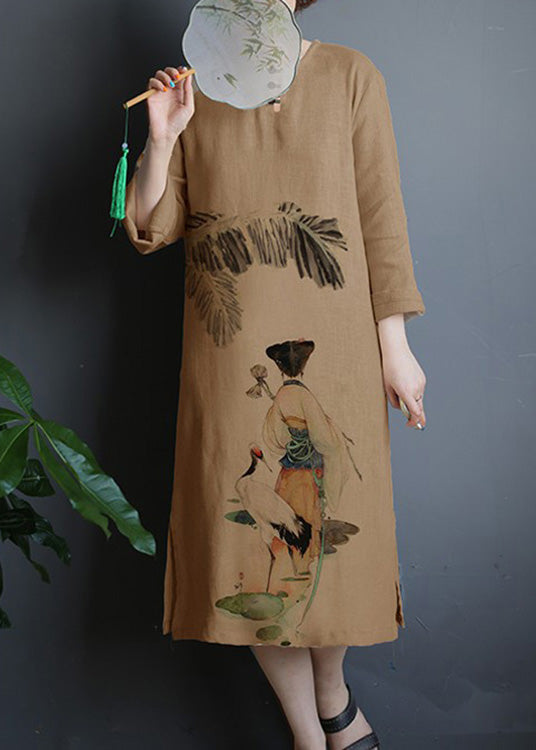 Plus Size Khaki O-Neck Print Linen Long Dresses Summer