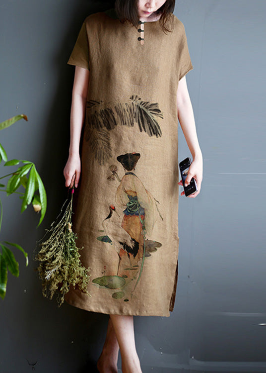 Plus Size Khaki O-Neck Print Linen Long Dresses Summer