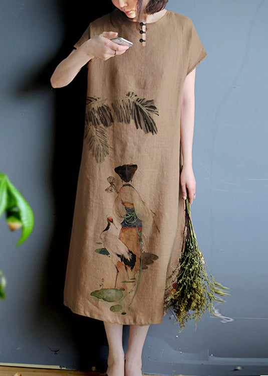 Plus Size Khaki O-Neck Print Linen Long Dresses Summer