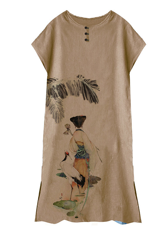 Plus Size Khaki O-Neck Print Linen Long Dresses Summer