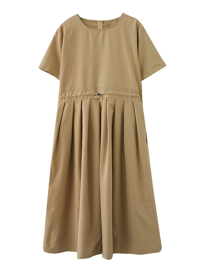 Plus Size Khaki O-Neck Wrinkled drawstring Maxi Dresses Short Sleeve