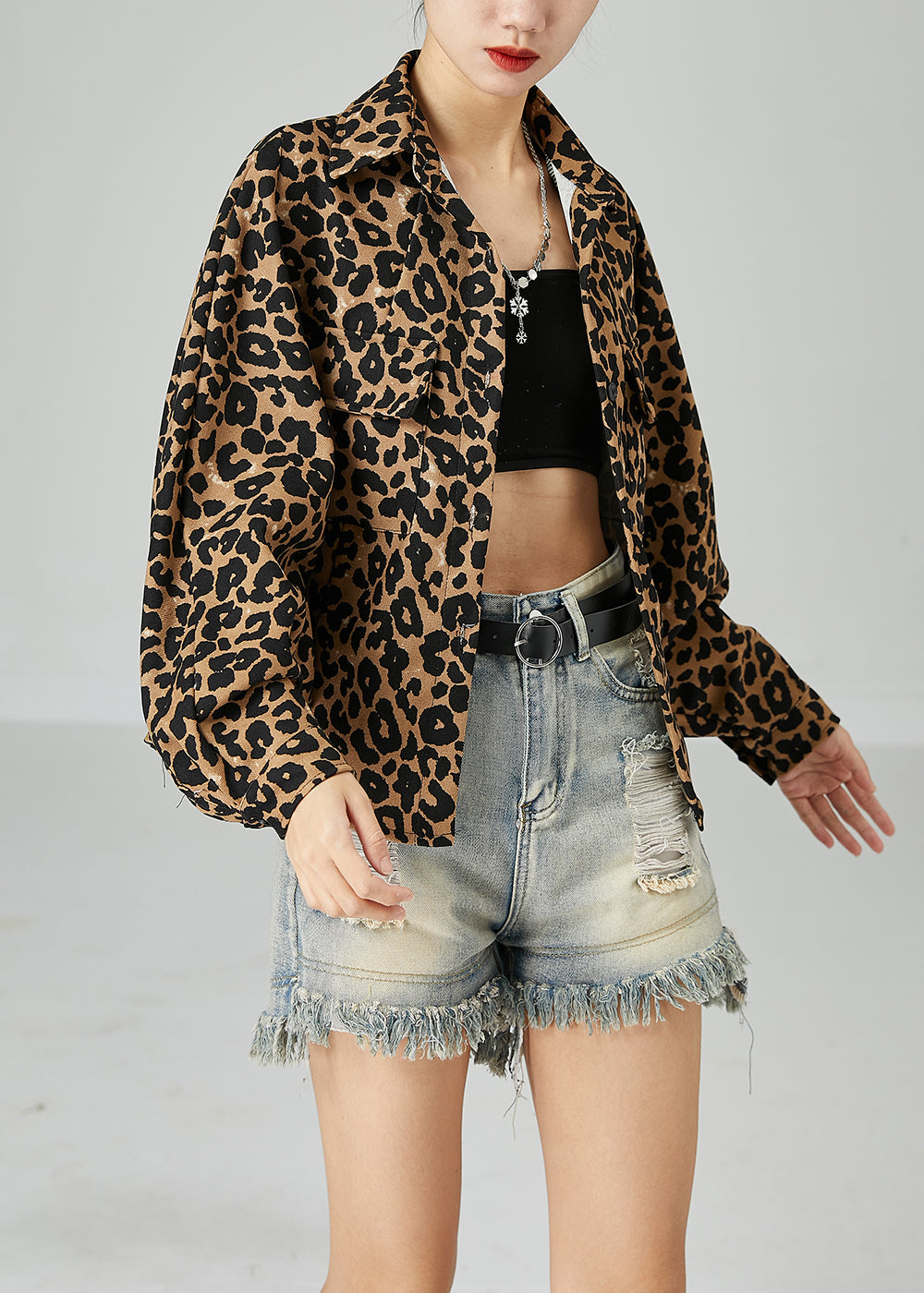 Plus Size Khaki Oversized Leopard Print Cotton Coat Batwing Sleeve