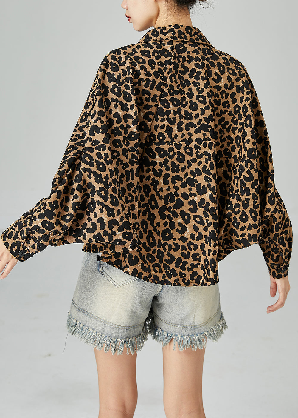 Plus Size Khaki Oversized Leopard Print Cotton Coat Batwing Sleeve