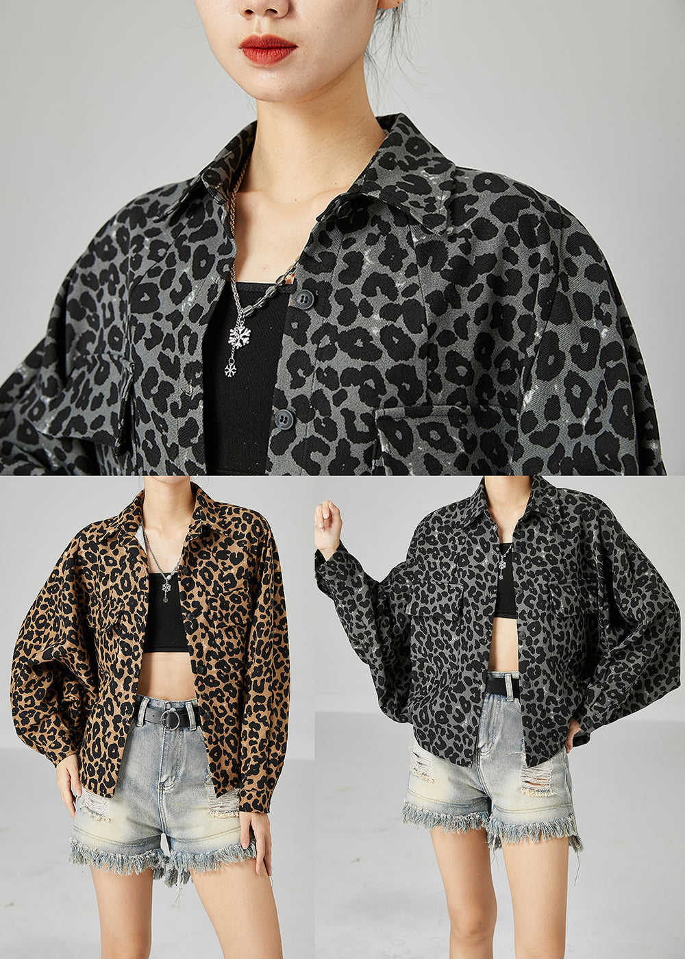 Plus Size Khaki Oversized Leopard Print Cotton Coat Batwing Sleeve