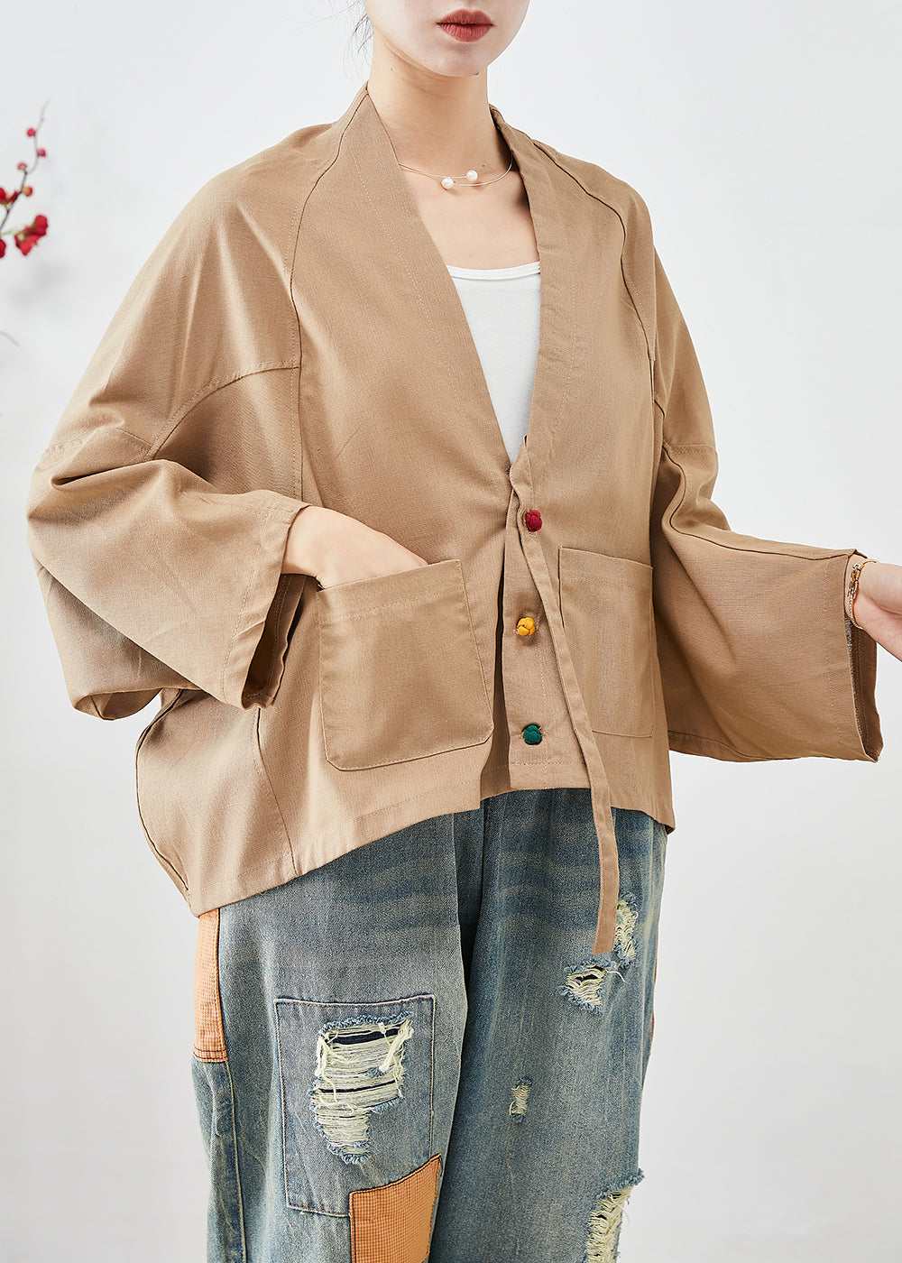Plus Size Khaki Oversized Pockets Linen Jackets Batwing Sleeve