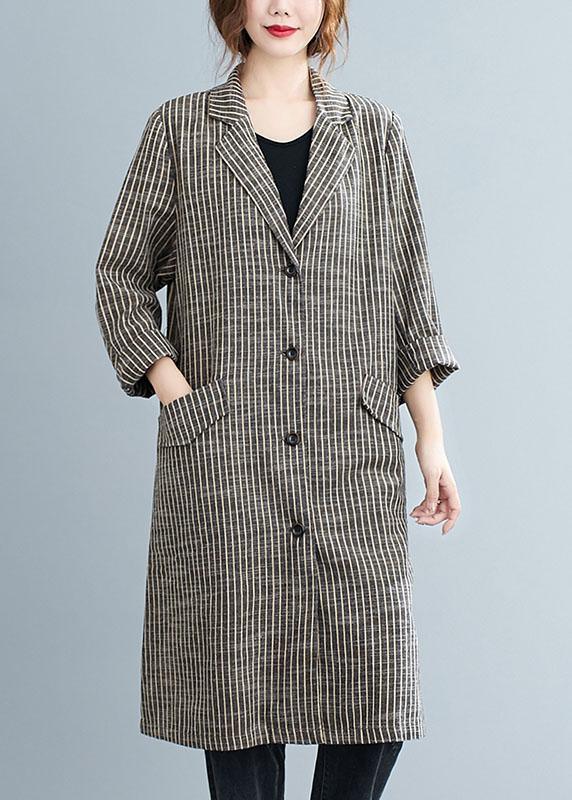 Plus Size Khaki PeterPan Collar Button Pockets Striped Fall Long sleeve Trench coats - Omychic