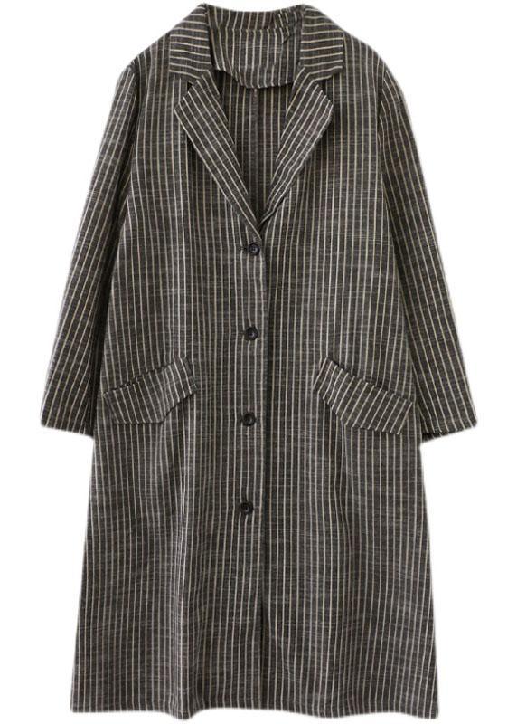 Plus Size Khaki PeterPan Collar Button Pockets Striped Fall Long sleeve Trench coats - Omychic