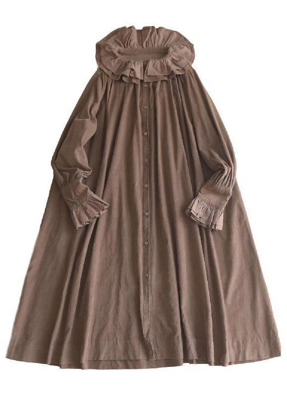 Plus Size Khaki Ruffled Button Corduroy Long Dresses Spring