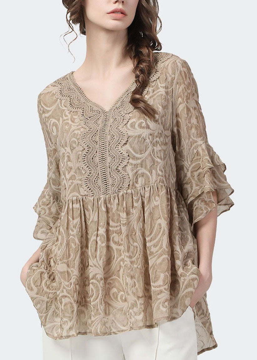 Plus Size Khaki V Neck Lace Patchwork Wrinkled Tops Petal Sleeve