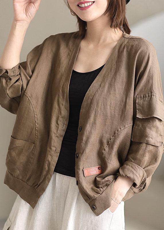 Plus Size Khaki V Neck Loose Button Fall Long sleeve Jacket - Omychic