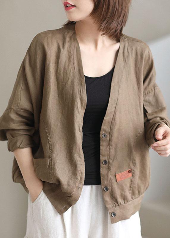 Plus Size Khaki V Neck Loose Button Fall Long sleeve Jacket - Omychic