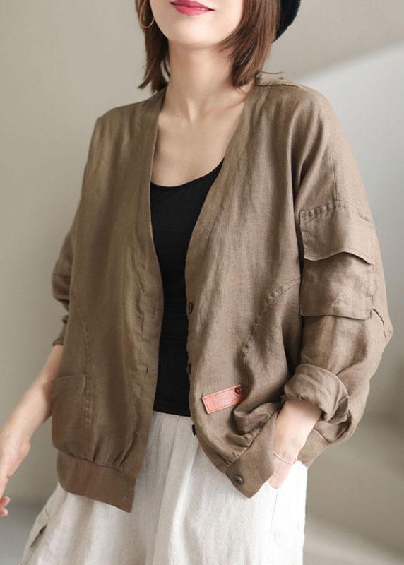 Plus Size Khaki V Neck Loose Button Fall Long sleeve Jacket - Omychic