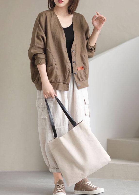 Plus Size Khaki V Neck Loose Button Fall Long sleeve Jacket - Omychic