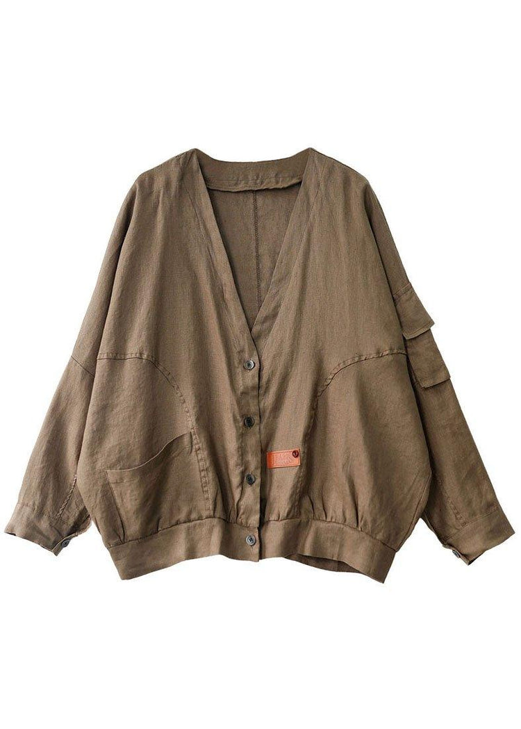 Plus Size Khaki V Neck Loose Button Fall Long sleeve Jacket - Omychic