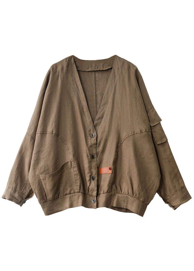 Plus Size Khaki V Neck Loose Button Fall Long sleeve Jacket - Omychic