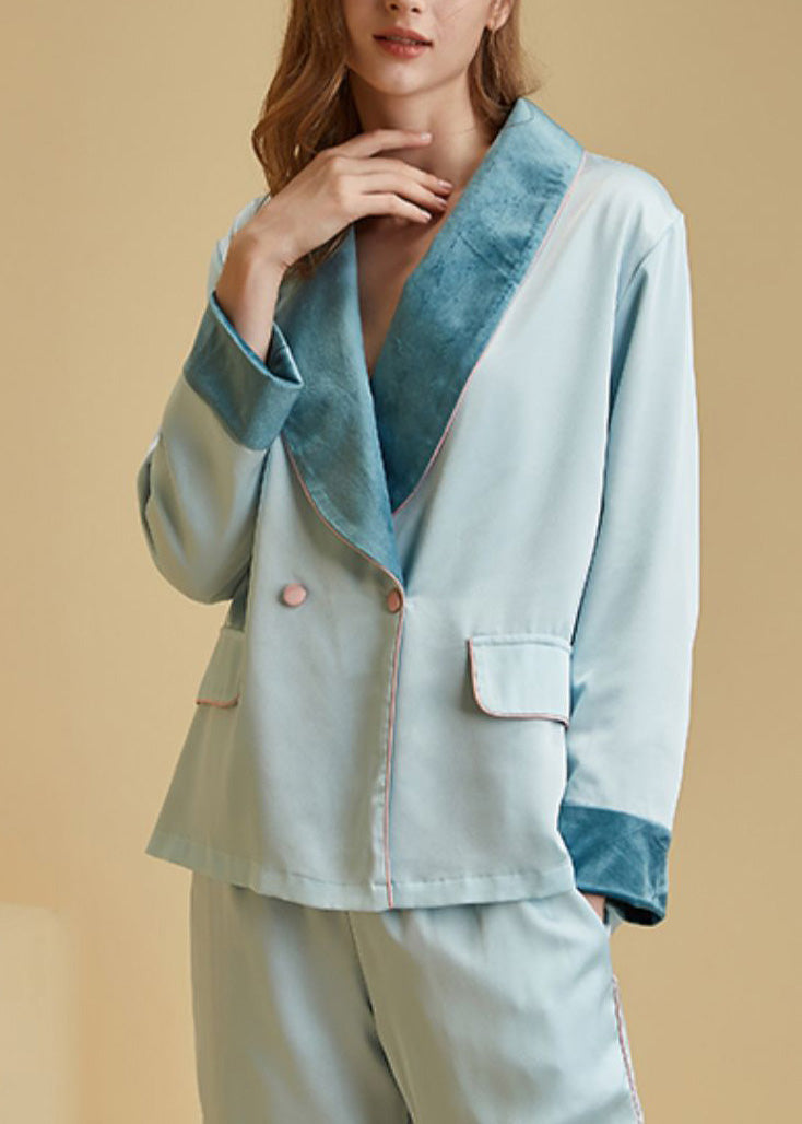 Plus Size Light Blue Peter Pan Collar Button Cozy Velour Pajamas Two Pieces Set Long Sleeve