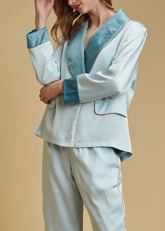 Plus Size Light Blue Peter Pan Collar Button Cozy Velour Pajamas Two Pieces Set Long Sleeve
