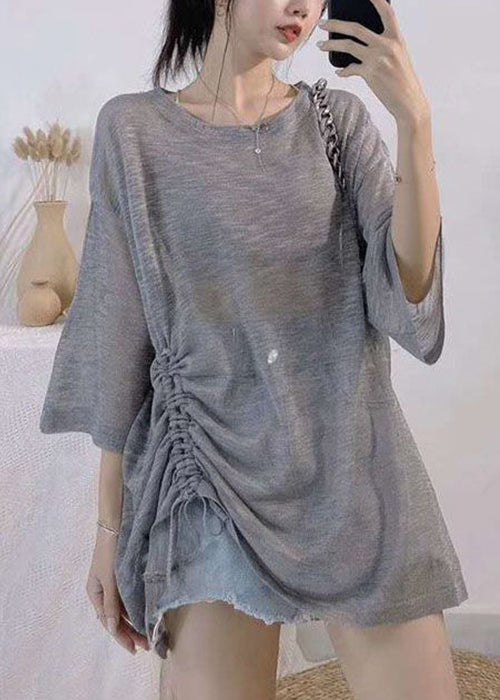 Plus Size Light Grey O Neck Lace Up Ice Silk Knit T Shirt Summer