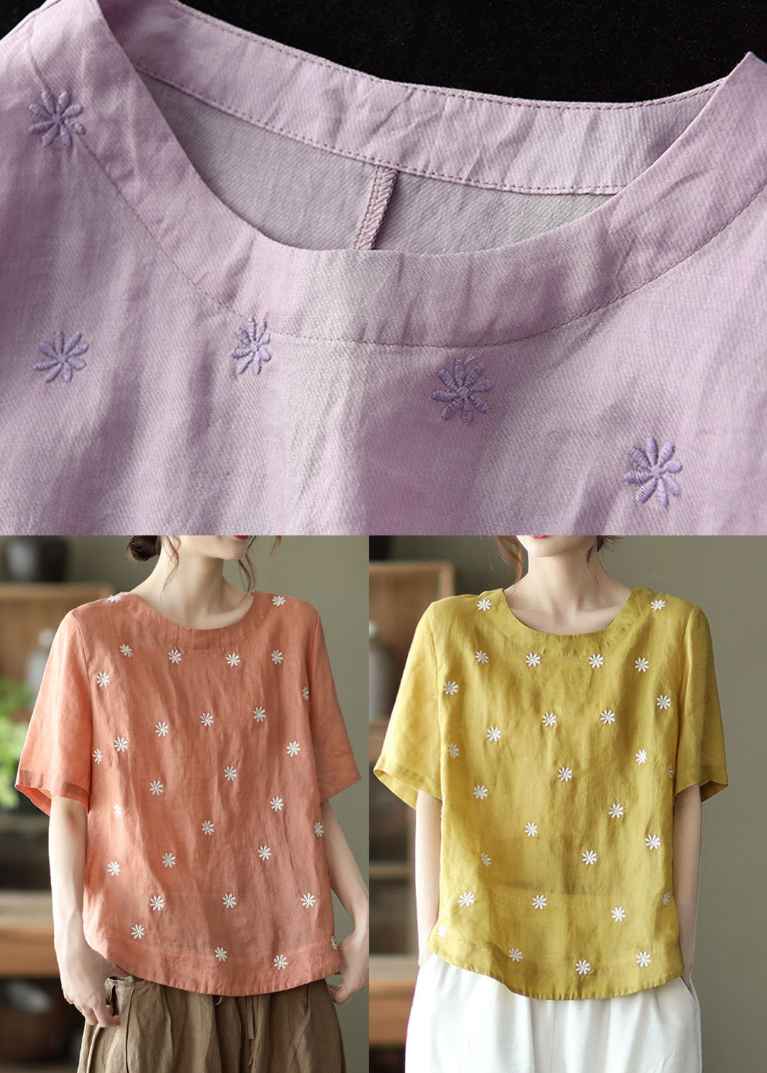Plus Size Light Purple Embroideried Linen Shirts Short Sleeve