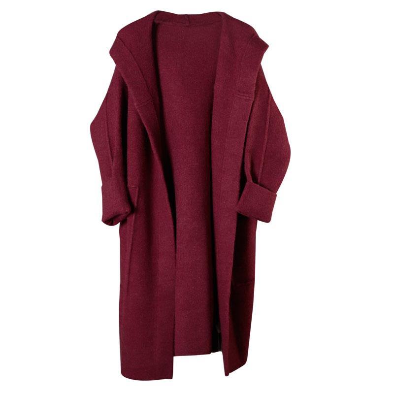 Plus Size Mulberry Loose Pockets Fall Hooded  Long Sleeve Sweaters Coat - Omychic