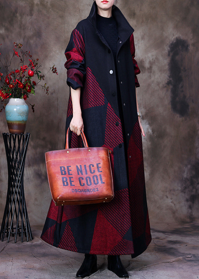 Plus Size Mulberry Stand Collar Asymmetrical Patchwork Button Woolen Maxi Coat Long Sleeve